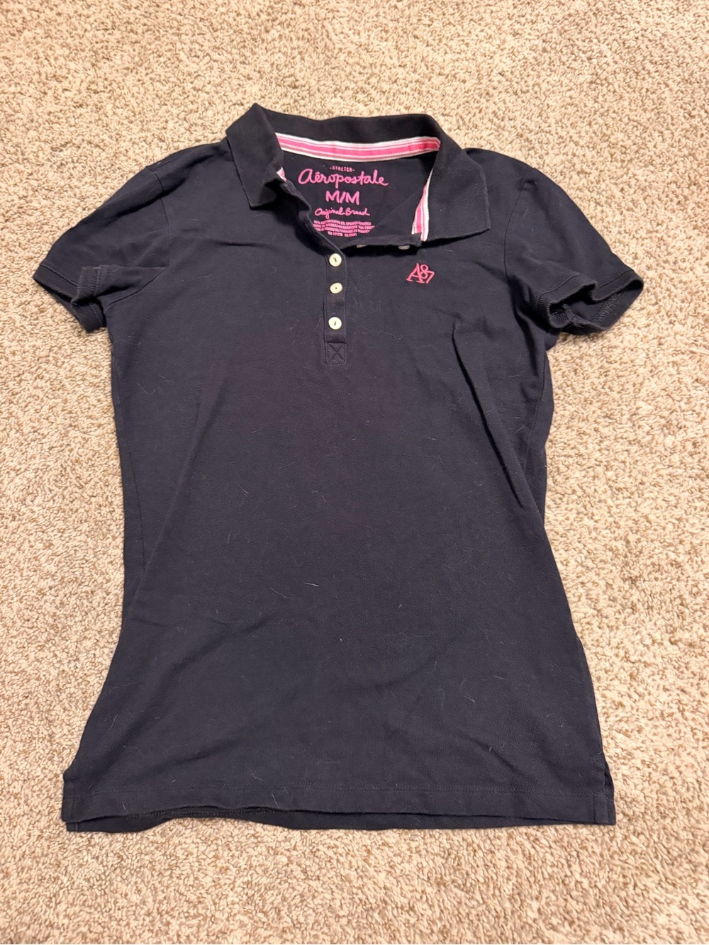 Aeropostale Navy Polo with Pink Logo and Collar Trim